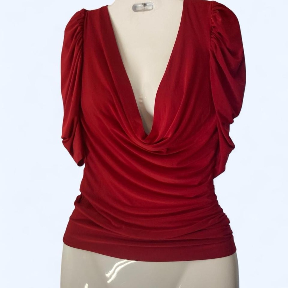 Red short sleeve scoop draping blouse w tie detail back BolBou approx S and XS